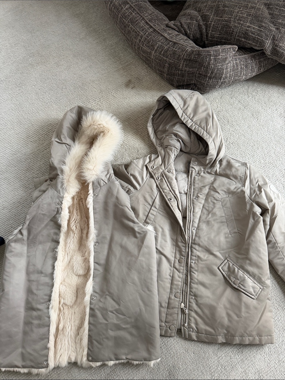 Bonpoint Beige Hooded Puffer Coat with real Fur Trim- detachable insert